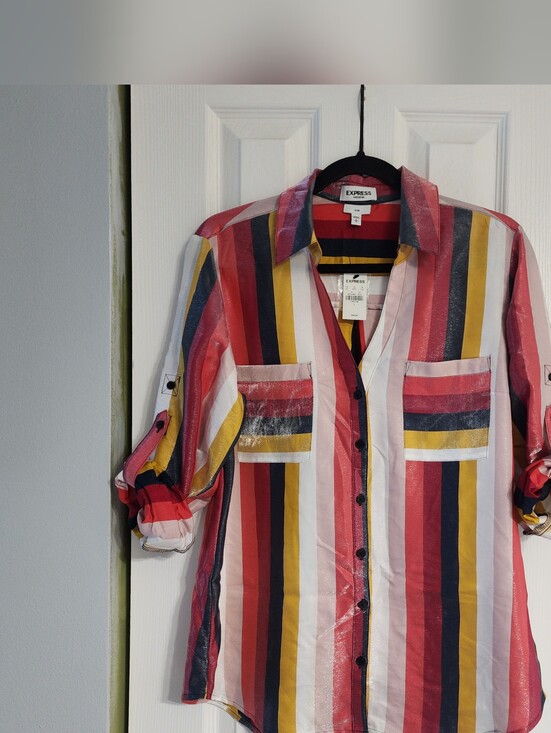 Express Tops - Express Portofino Metallic Multi-Color Vertical Stripe Roll-Tab Sleeve Button